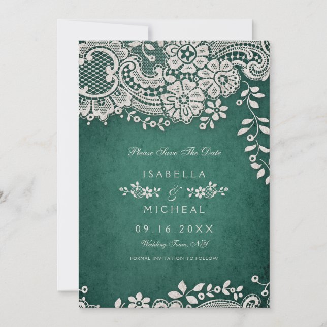 Emerald Vintag Spitzen rustikale Hochzeit Save the Date (Vorderseite)