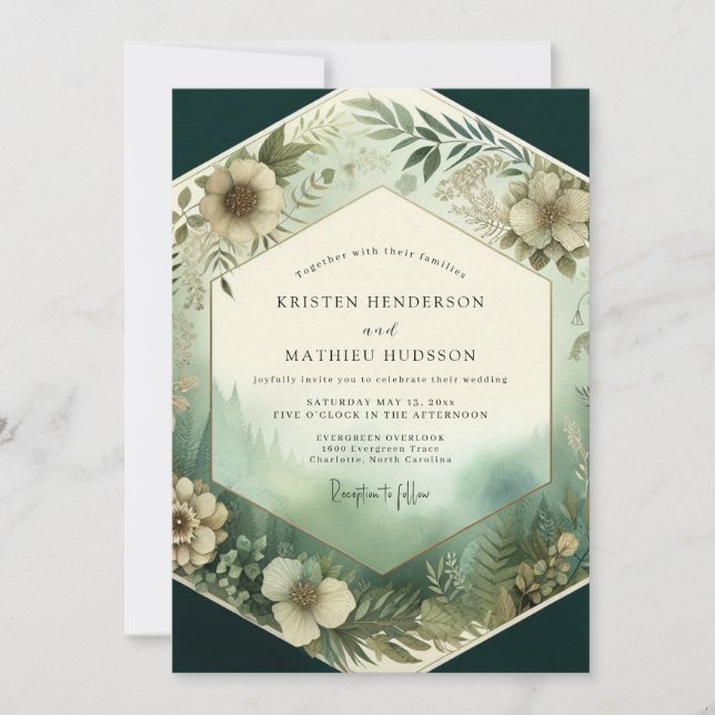 Emerald-Wald-Blütenhochzeit Einladung (Vorderseite)