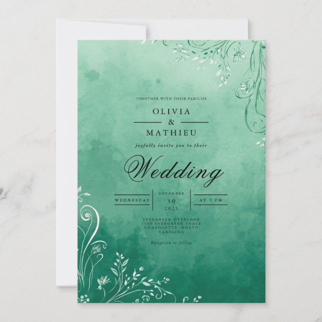 Emerald Watercolor Blüh Wedding Einladung (Vorderseite)