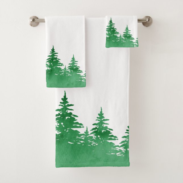 Emerald Watercolor Evergreen Trees Badhandtuch Set (Insitu)