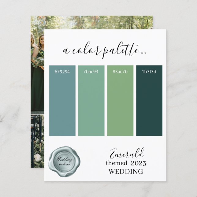 Emerald Wedding Farben Palette Karte 2023 (Vorne/Hinten)
