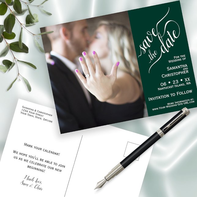 Emerald Wedding Save the Date Foto & Calligraphy Ankündigungspostkarte (Von Creator hochgeladen)