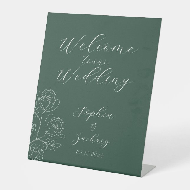 Emerald White Roses Calligraphy Welcome Wedding Pe Sockelschild (Vorderseite)