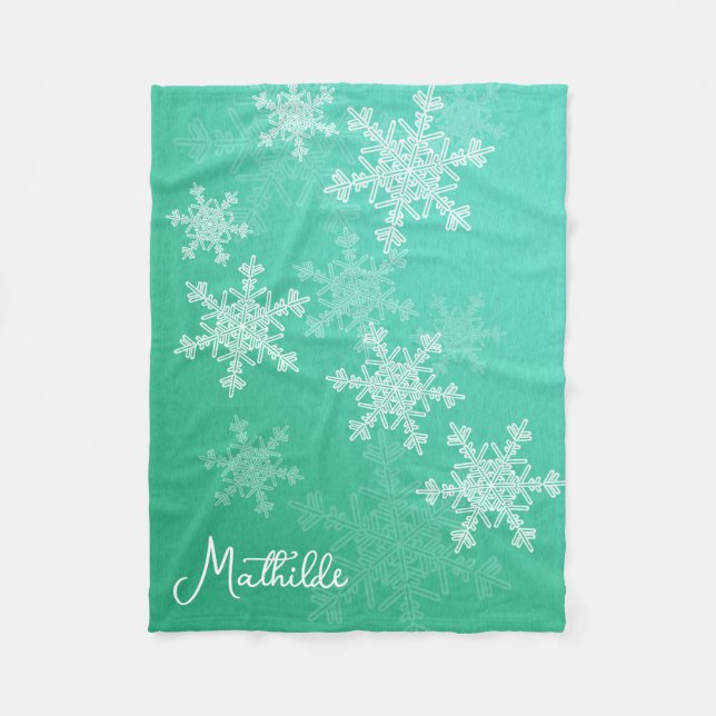 Emerald White Snowflakes Minimalistischer Weihnach Fleecedecke (Vorderseite)