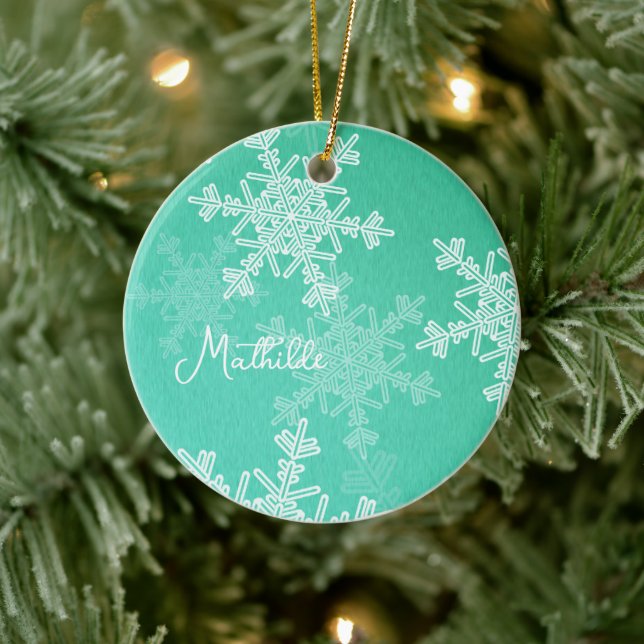 Emerald White Snowflakes Minimalistischer Weihnach Keramik Ornament (Baum)