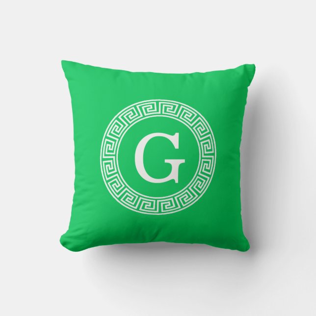 Emerald Wht Greek Key Rnd Frame Initial Monogram Kissen (Vorderseite)