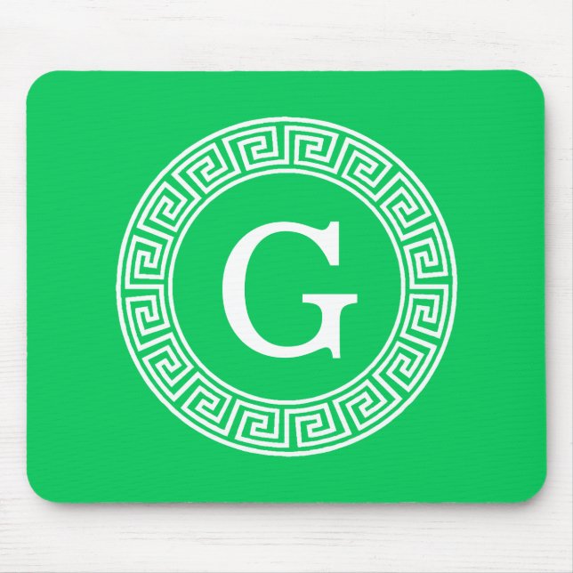 Emerald Wht Greek Key Rnd Frame Initial Monogram Mousepad (Vorne)