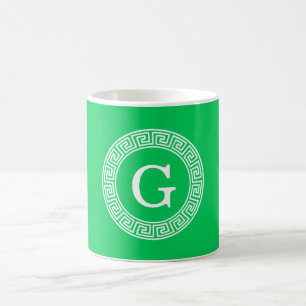 Emerald Wht Greek Key Rnd Frame Initial Monogram Tasse