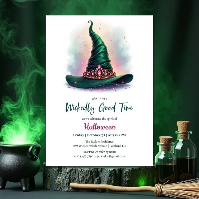 Emerald Witch Hat Wickwiederholt Good Time Hallowe Einladung (Wickedly Good Time Halloween Party Invitation – Emerald Witch Hat & Pink Jewels)