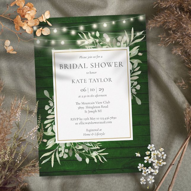 Emerald Wood String Lights Greenerity Brautparty Einladung (Emerald Wood String Lights Greenery Bridal Shower Invitation)