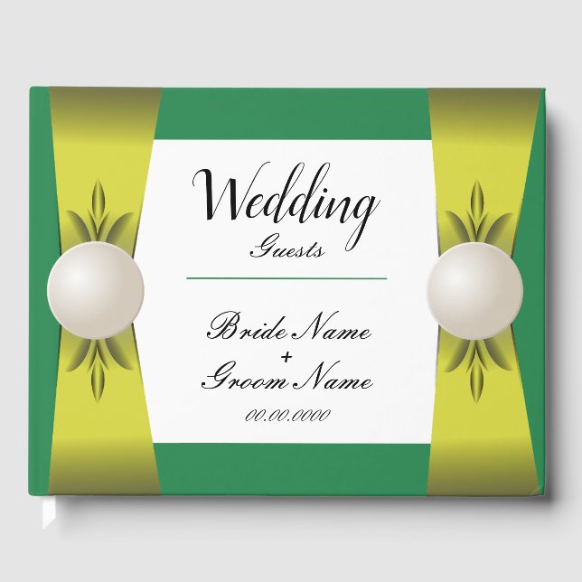 Emerald & Yellow Pearl Ribbon Monogram Wedding Gästebuch (Vorderseite)
