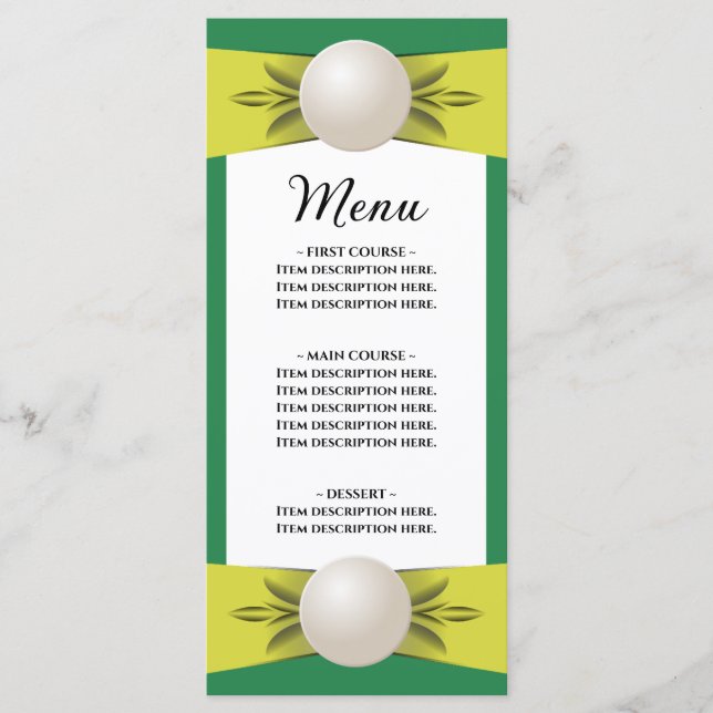Emerald & Yellow Pearl Ribbon Wedding Flat Menu Menükarte (Vorderseite)