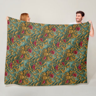 Emeraldbarock-Blumenmuster mit goldenen Verzierung Fleecedecke