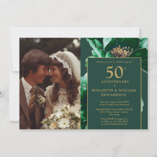 Emeraldgrünes florales modernes 50. Jubiläumsfoto Einladung