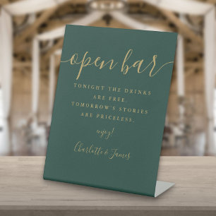 Emeraldgrünes und goldenes offenes Bar-Schild mit  Sockelschild