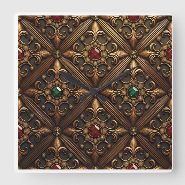 Emeralys und Rubine auf einem Verzierten Design Quadratische Wanduhr (Vorderseite)