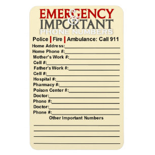 Emergency- und Wichtige Telefonnummern 4"x6"-Magne Magnet
