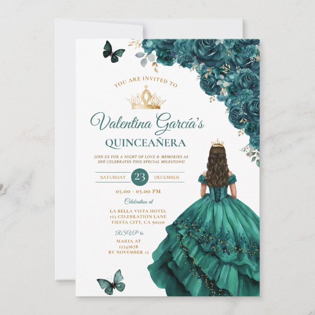 Emerland Green Dress Quinceañera 15 Anos Gold Einladung (Vorderseite)