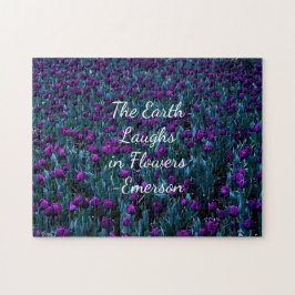 Emerson Zitat im lila Tulpenblumengarten Puzzle