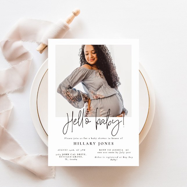 EMERY | Elegantes Baby Shower Hello Baby Foto Einladung (Von Creator hochgeladen)