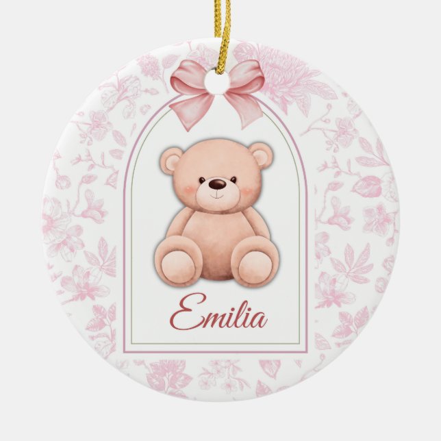 Emilia | Benutzerdefiniertes rosa Teddy-Bär-Kinder Keramik Ornament (Vorne)