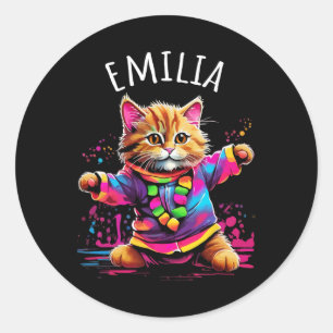 Emilia farbenfrohe Tanzkatze Design für Mädchennam Runder Aufkleber