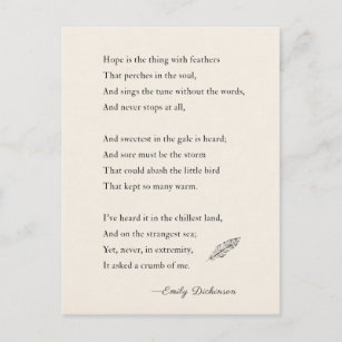 Emily Dickinson Poem Hoffnung ist das Ding mit Fed Postkarte