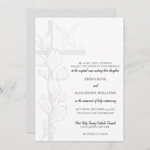 Emma Elegant Cross & Doves Katholische Hochzeit Einladung