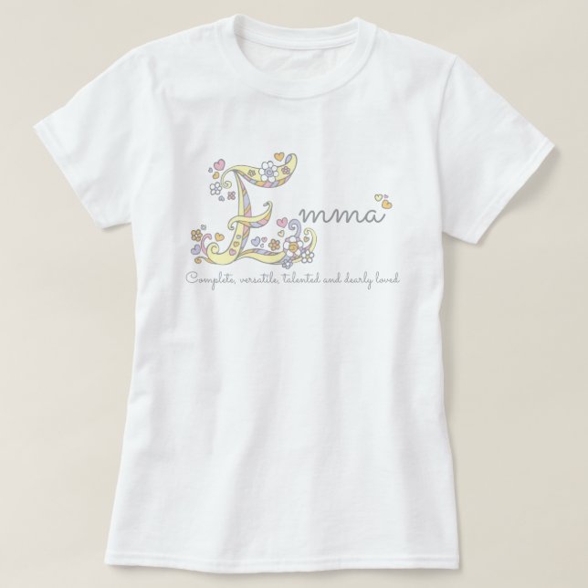 Emma Girls Name bedeutet E-Mongram Herz T-Shirt (Design vorne)