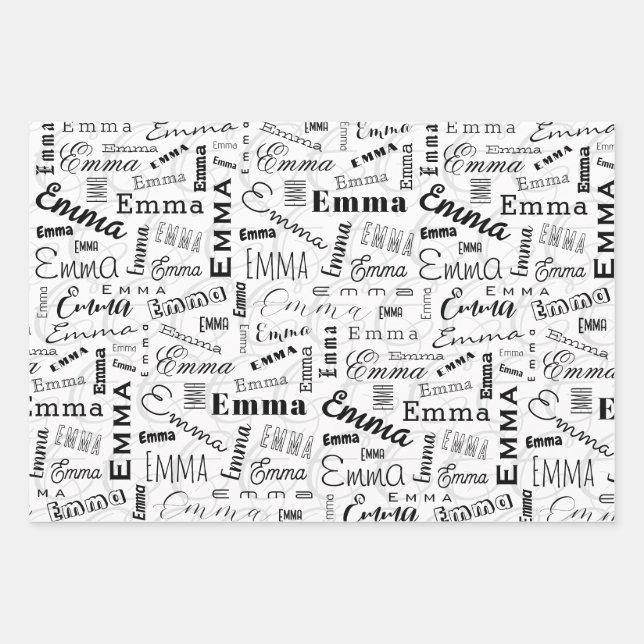 Emma Individuelle Name Schwarz-weiß Geschenkpapier Set (Vorderseite)