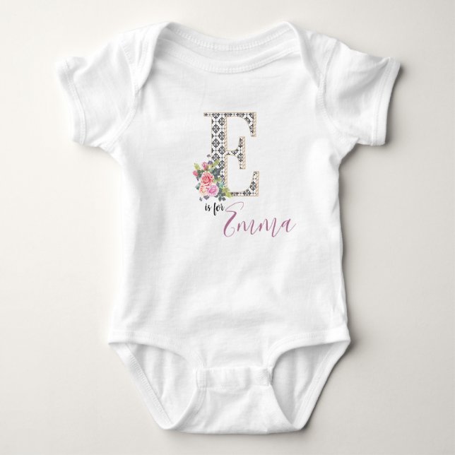 Emma Name Baby Outfit Letter E Romper Floral Girl Baby Strampler (Vorderseite)