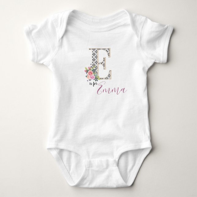 Emma Name Baby Outfit Letter E Romper Floral Girl Strampler (Vorderseite)