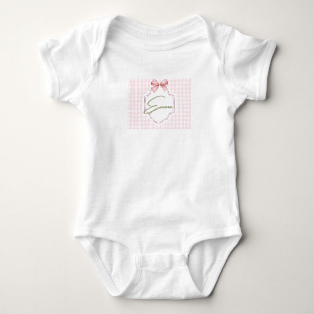 Emma Personalisiert Pink Bow & Gingham Print Baby Strampler (Vorderseite)