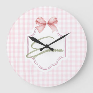 Emma Personalisiert Pink Bow & Gingham Print Große Wanduhr