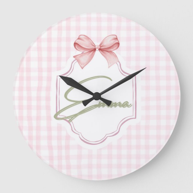 Emma Personalisiert Pink Bow & Gingham Print Große Wanduhr (Vorderseite)
