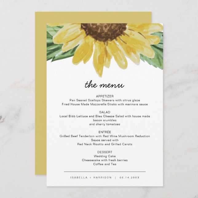 Emma - Rustic Sunflower Wedding Menu Cards Einladung (Vorne/Hinten)