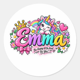 Emma Süßes Einhorn Personalisierter Namensaufklebe Runder Aufkleber