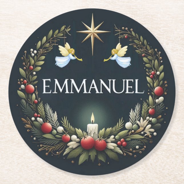 Emmanuel Christmas Engel Runder Pappuntersetzer (Vorderseite)