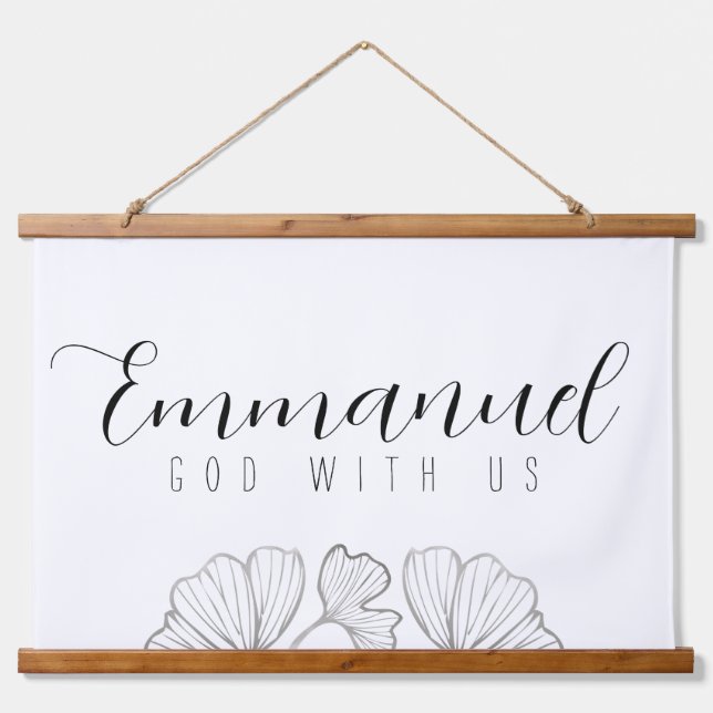 Emmanuel God with us Botanical Blätter Wood Scroll Wandteppich Mit Holzrahmen (Vorne)