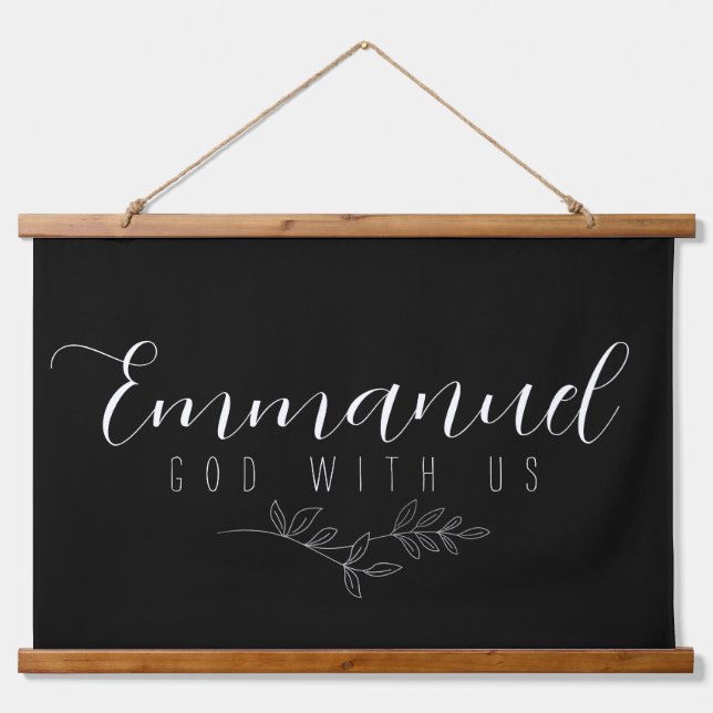 Emmanuel God With us Botanical Elegant Blätter Art Wandteppich Mit Holzrahmen (Vorne)