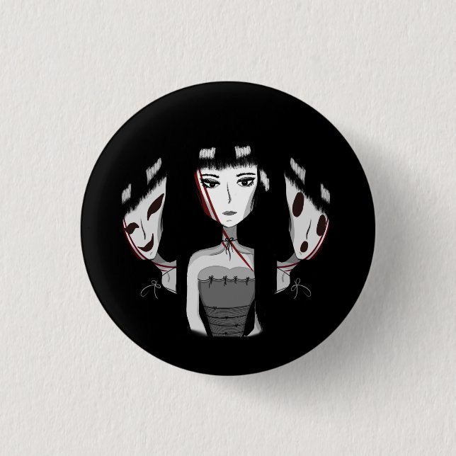 Emo Girl Hand-Drawn Black Button (Vorderseite)