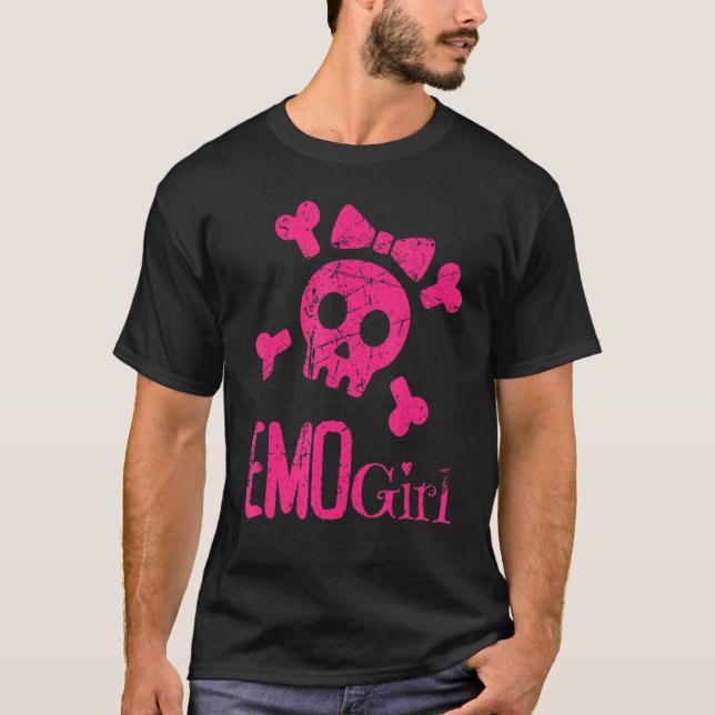 Emo Girl Pink Skull mit Bow Krawatte Emo Goth Emot T-Shirt (Vorderseite)