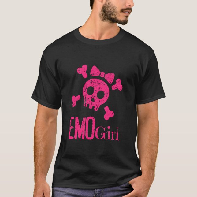Emo Girl Pink Skull mit Bow Krawatte Emo Goth Emot T-Shirt (Vorderseite)