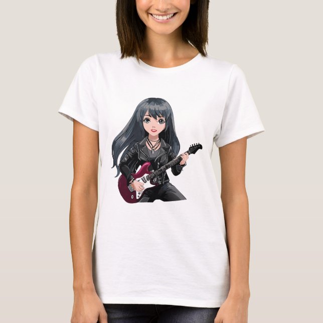 Emo-Mädchen mit langen schwarzen Haaren T-Shirt (Vorderseite)