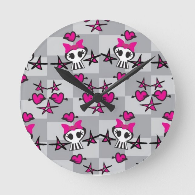 Emo-Totenkopf-Muster Runde Wanduhr (Vorderseite)