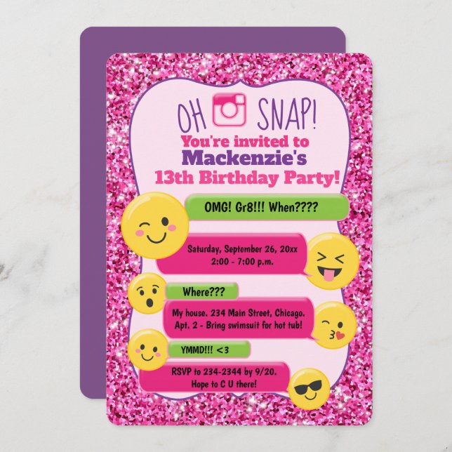 Emoji Girl's Teen Tween Birthday Pink Glitzer Einladung (Vorne/Hinten)