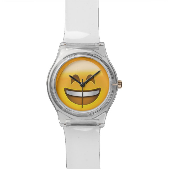 Emoji lächelndes Gesicht mit offener Uhr (Nahaufnahme)