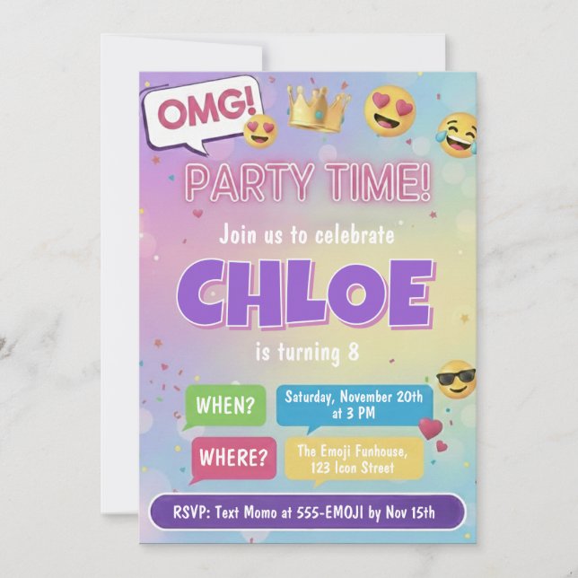 Emoji Party Birthday Invitation Neon Kids Theme Einladung (Vorderseite)