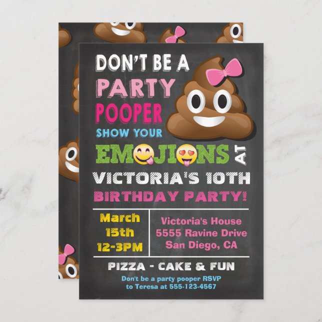 Emoji Party Pooper Girl Birthay Einladung (Vorne/Hinten)