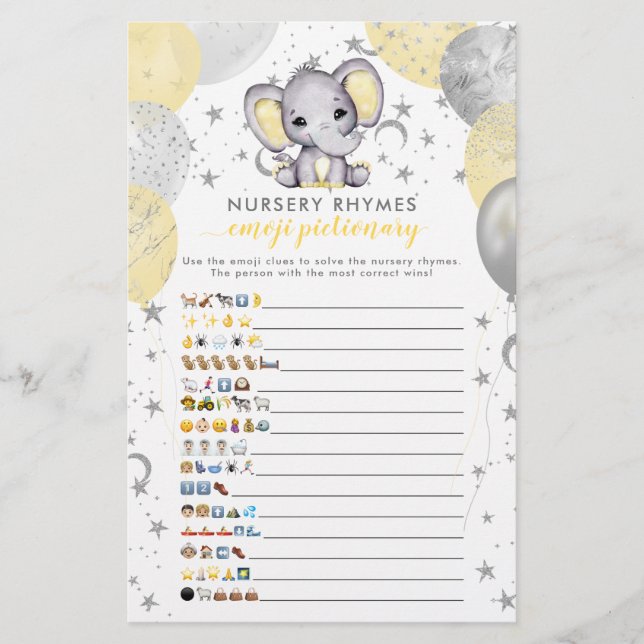 Emoji Pictionary Yellow Elephant Baby Shower Game (Vorderseite)